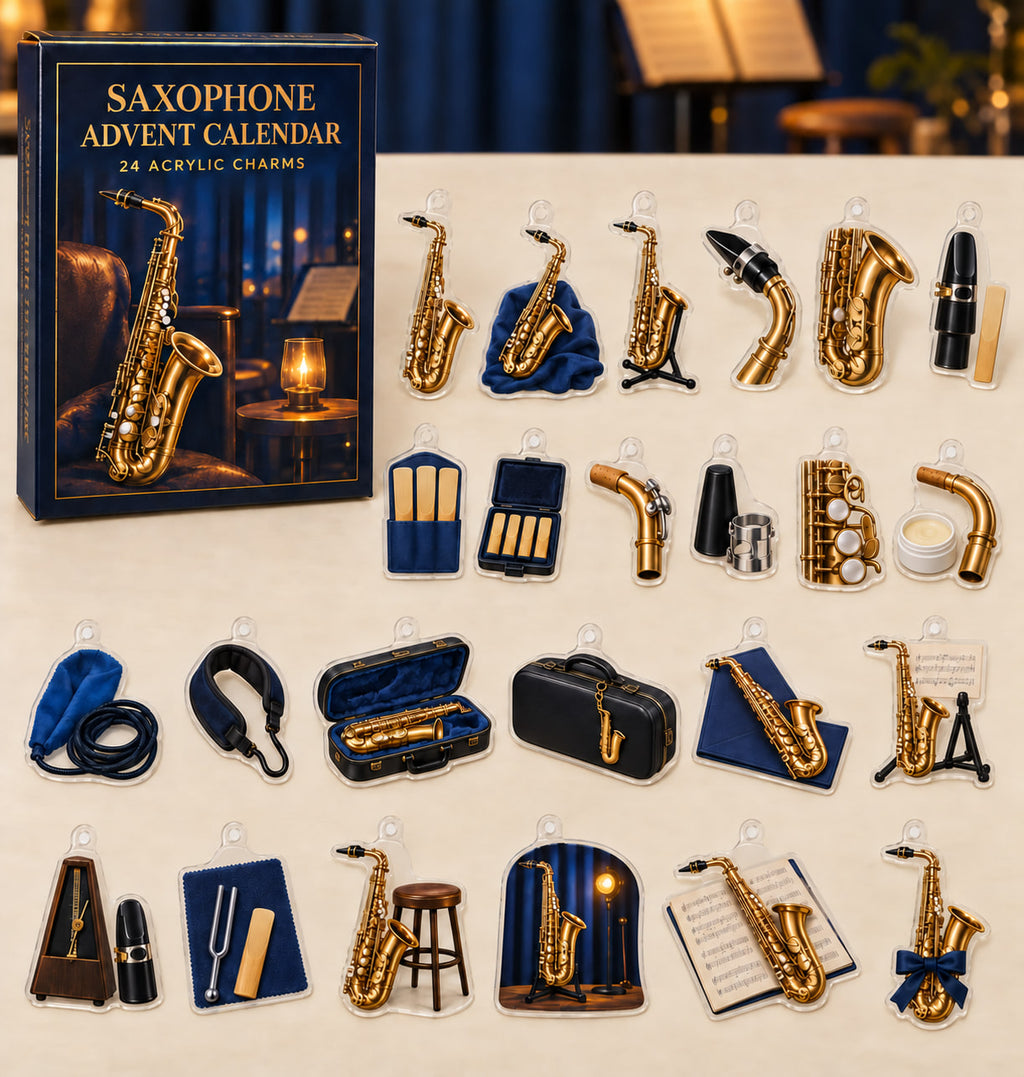 Saxophone advent calendar with 24 custom-shaped flat acrylic charms and printed dimensional artwork