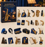 Saxophone advent calendar with 24 custom-shaped flat acrylic charms and printed dimensional artwork