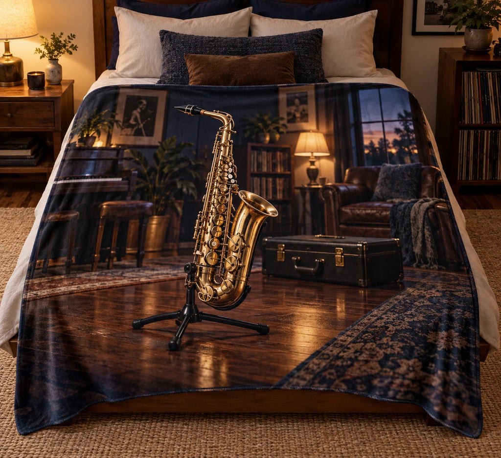 Brass saxophone in evening music studio, flat printed fleece throw blanket.