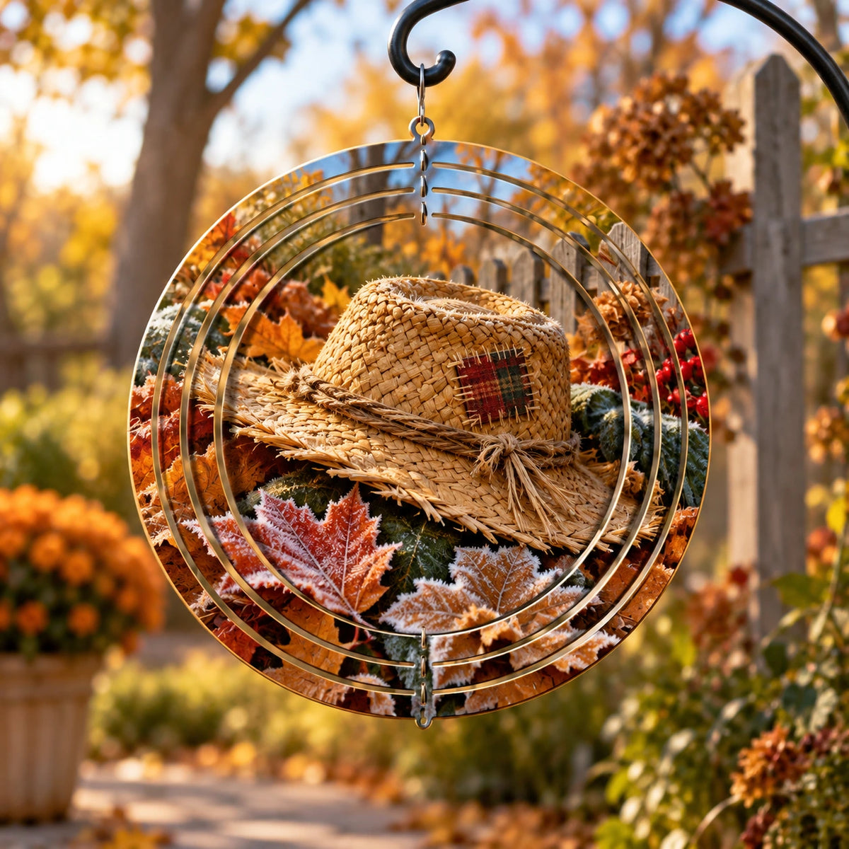 Scarecrow Hat First Frost Wind Spinner with printed dimensional autumn artwork