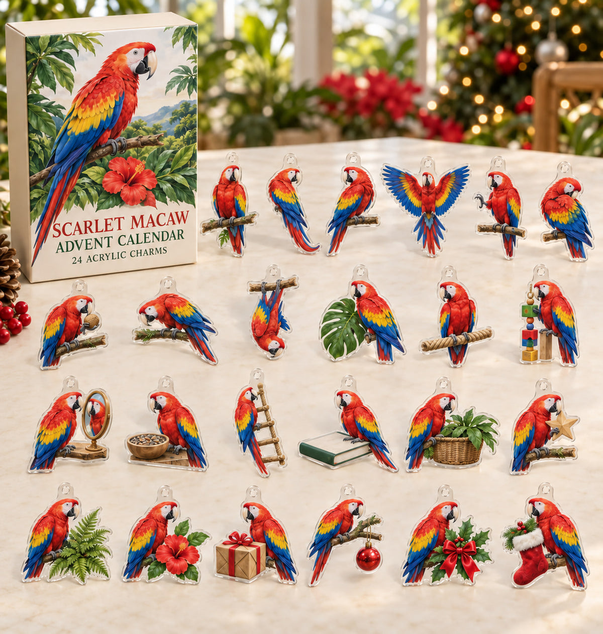 Scarlet Macaw advent calendar with 24 custom-shaped flat acrylic charms and printed dimensional artwork