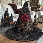 Scarlet Shadows quilted witch hat, all-over print on cone and brim