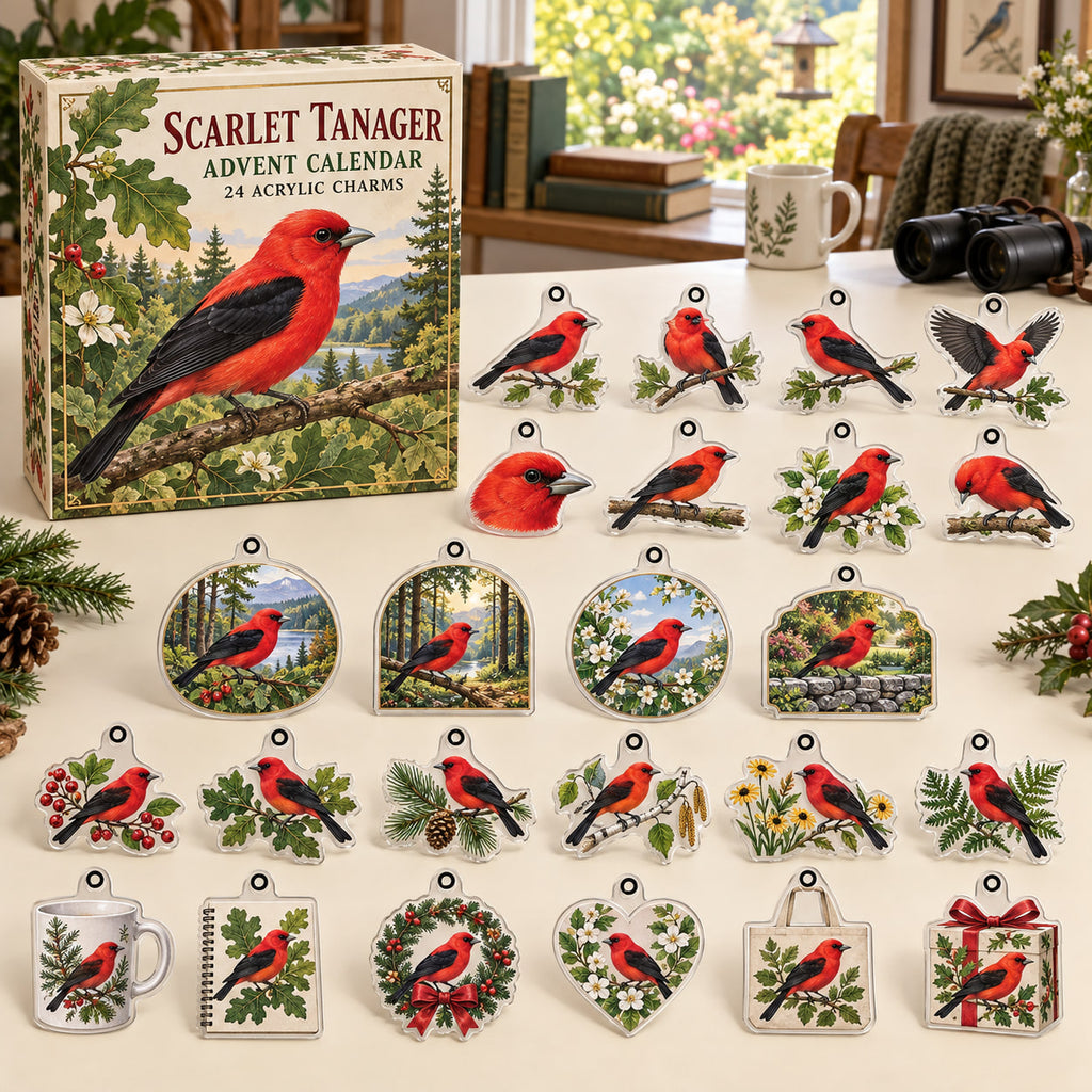 Scarlet Tanager advent calendar box with 24 themed flat printed acrylic charms