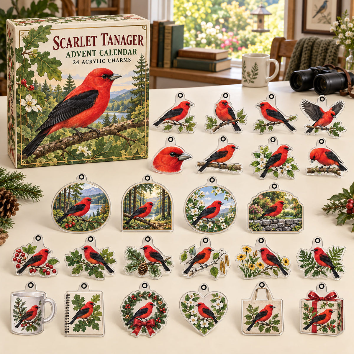 Scarlet Tanager advent calendar box with 24 themed flat printed acrylic charms