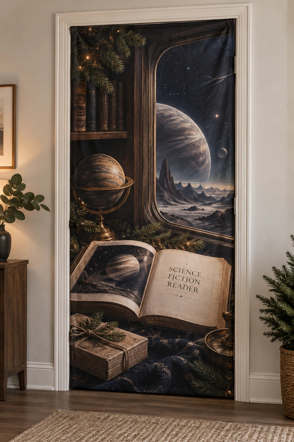 Science Fiction Reader Holiday Reading Fabric Door Cover with printed dimensional artwork
