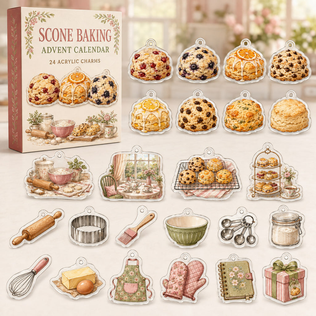 Scone Baking advent calendar box with 24 decorative printed acrylic charms, not food
