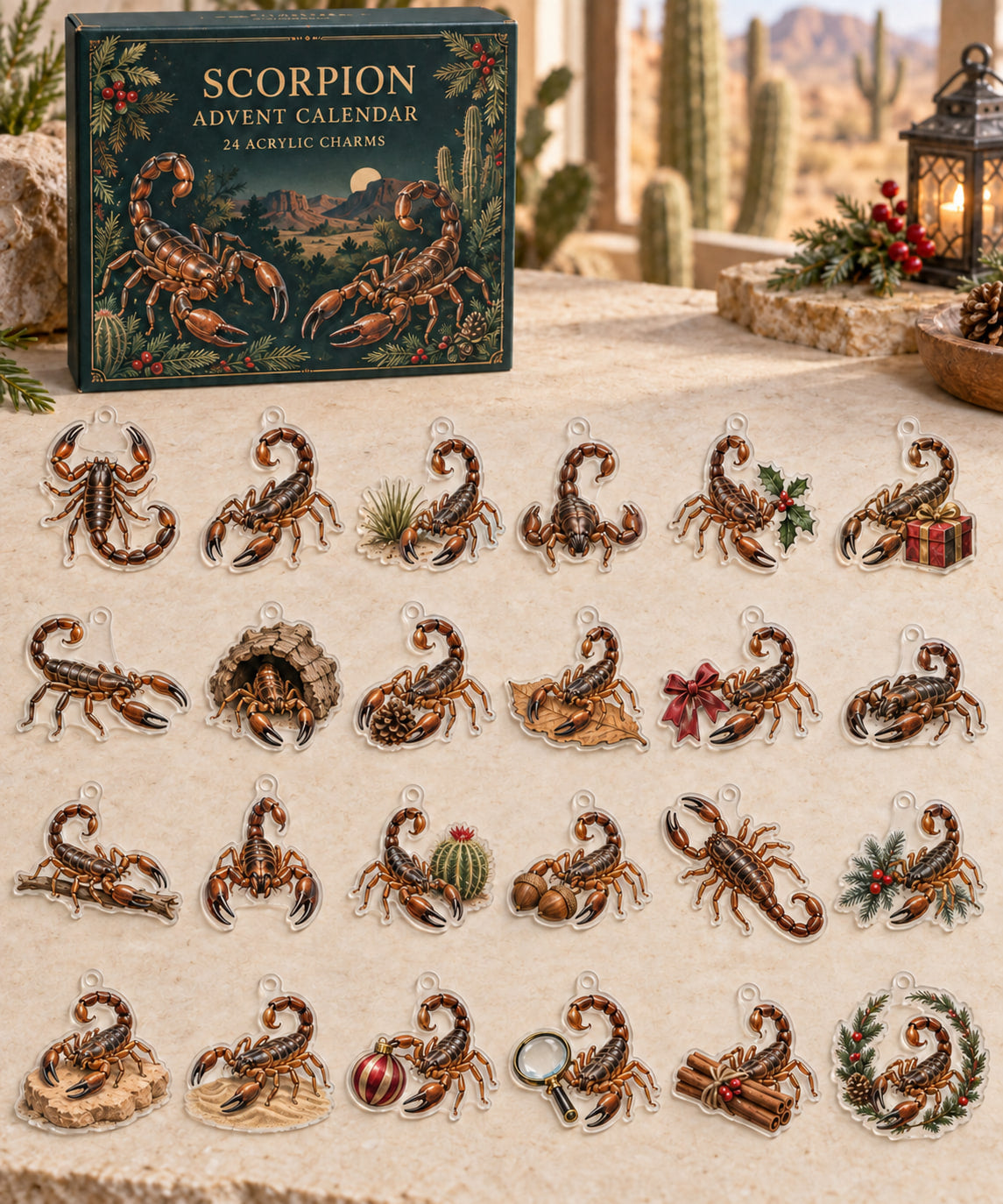 Scorpion advent calendar with 24 custom-shaped flat acrylic charms and printed dimensional artwork