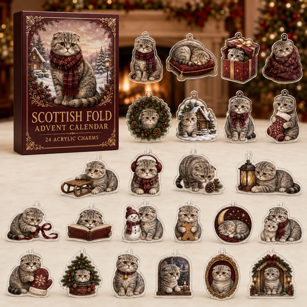 Scottish Fold advent calendar box and full set of 24 illustrated acrylic charms on a light tabletop