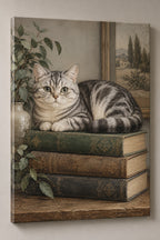 Scottish Straight Cat Book Stack Canvas Wall Art with printed dimensional artwork