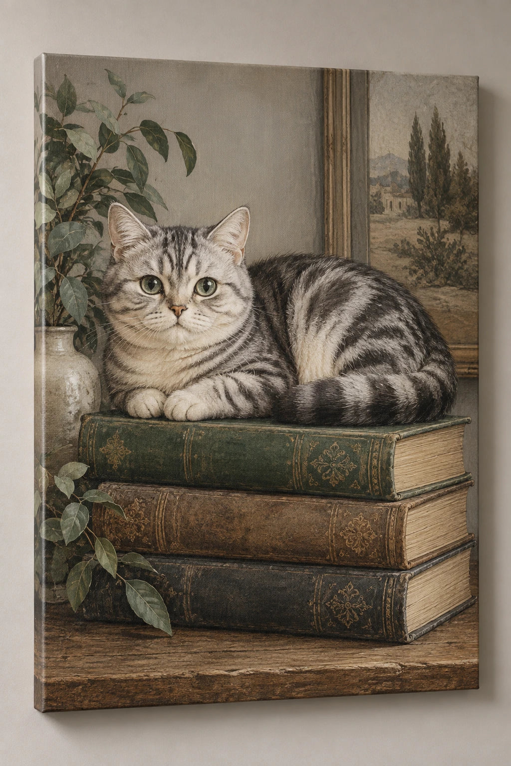 Scottish Straight Cat Book Stack Canvas Wall Art with printed dimensional artwork