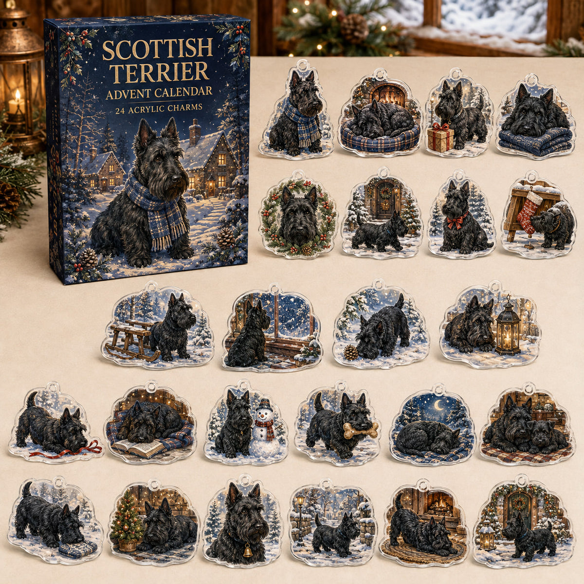 Scottish Terrier advent calendar box and 24 illustrated acrylic charms displayed on an ivory tabletop in a winter setting