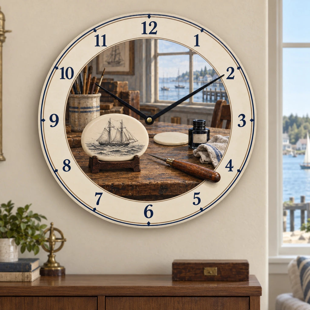 Scrimshaw Coastal Studio Wooden Wall Clock with original printed optical 3D artwork