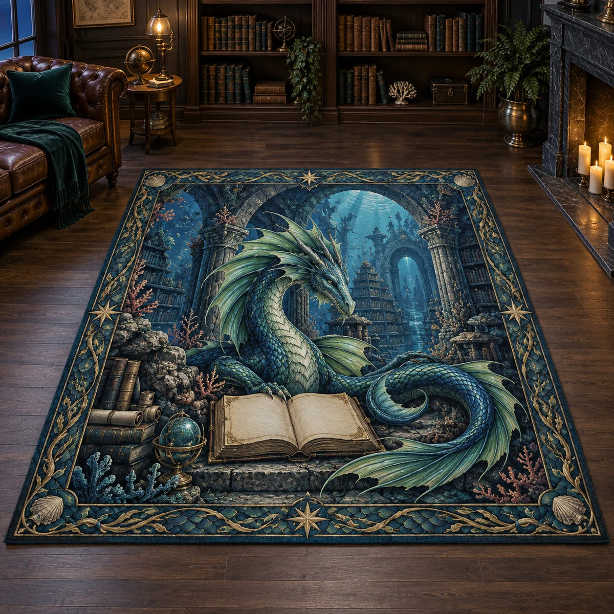 All rectangular corners visible; coherent sea dragon and tail, blank open book and recessed underwater shelves.