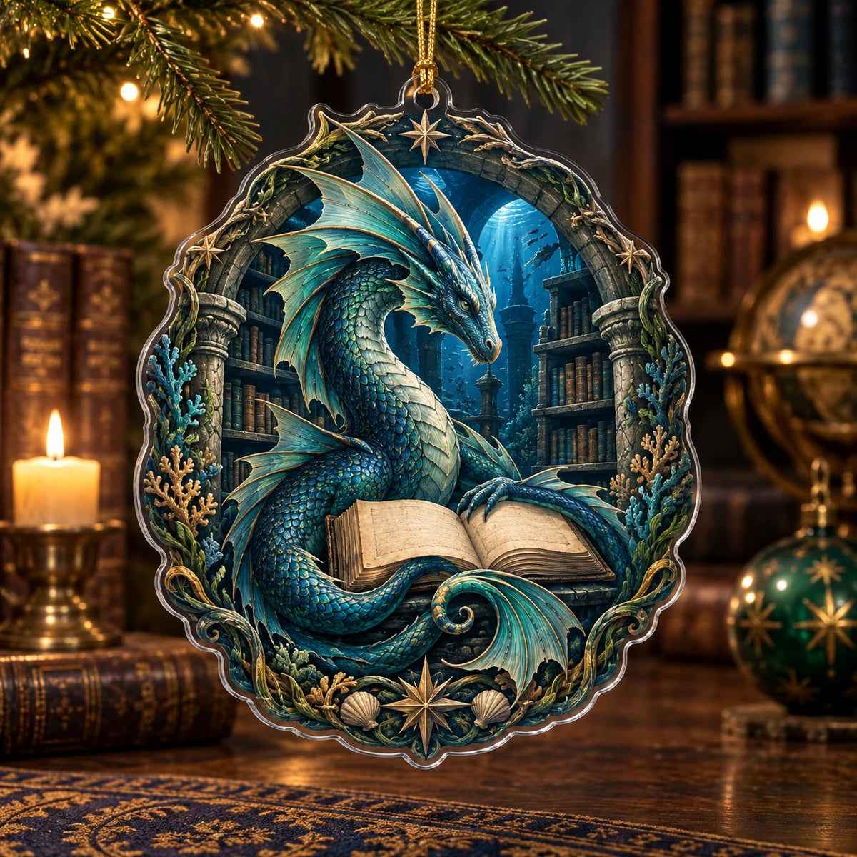 Supported gold cord, thin clear rim, opaque sea dragon and blank book scene with aquatic border.