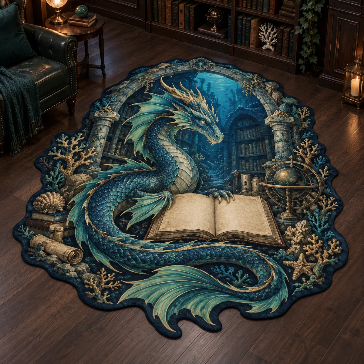 Complete irregular contour follows dragon tail and coral; coherent head, body and forelimbs around blank book.