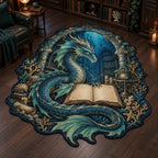 Complete irregular contour follows dragon tail and coral; coherent head, body and forelimbs around blank book.