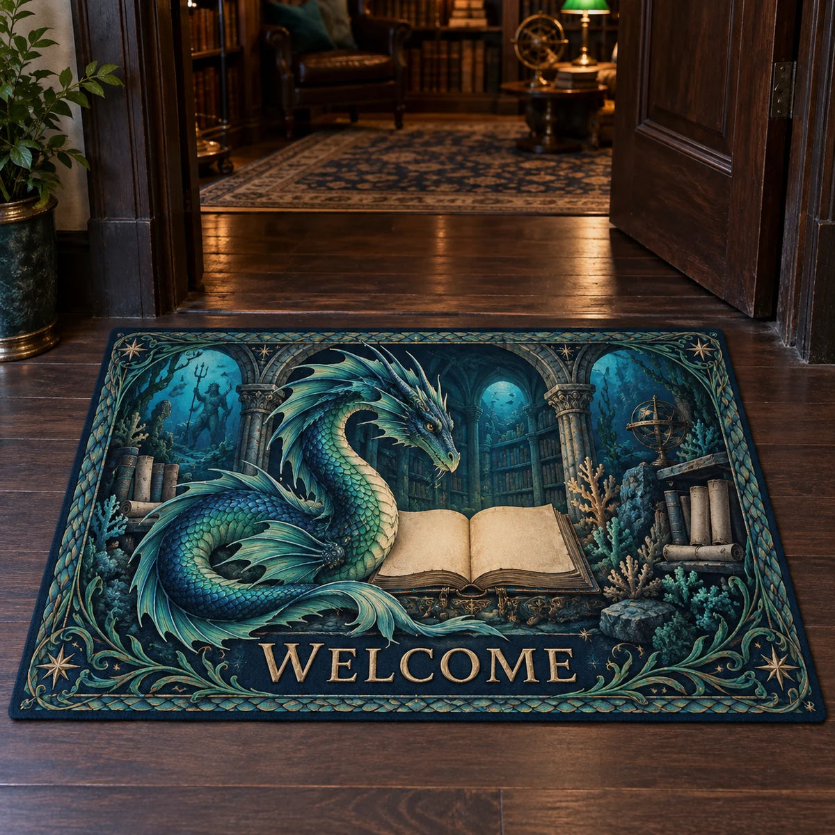 Correct WELCOME beneath one sea dragon and blank book, complete rectangle and coral border.
