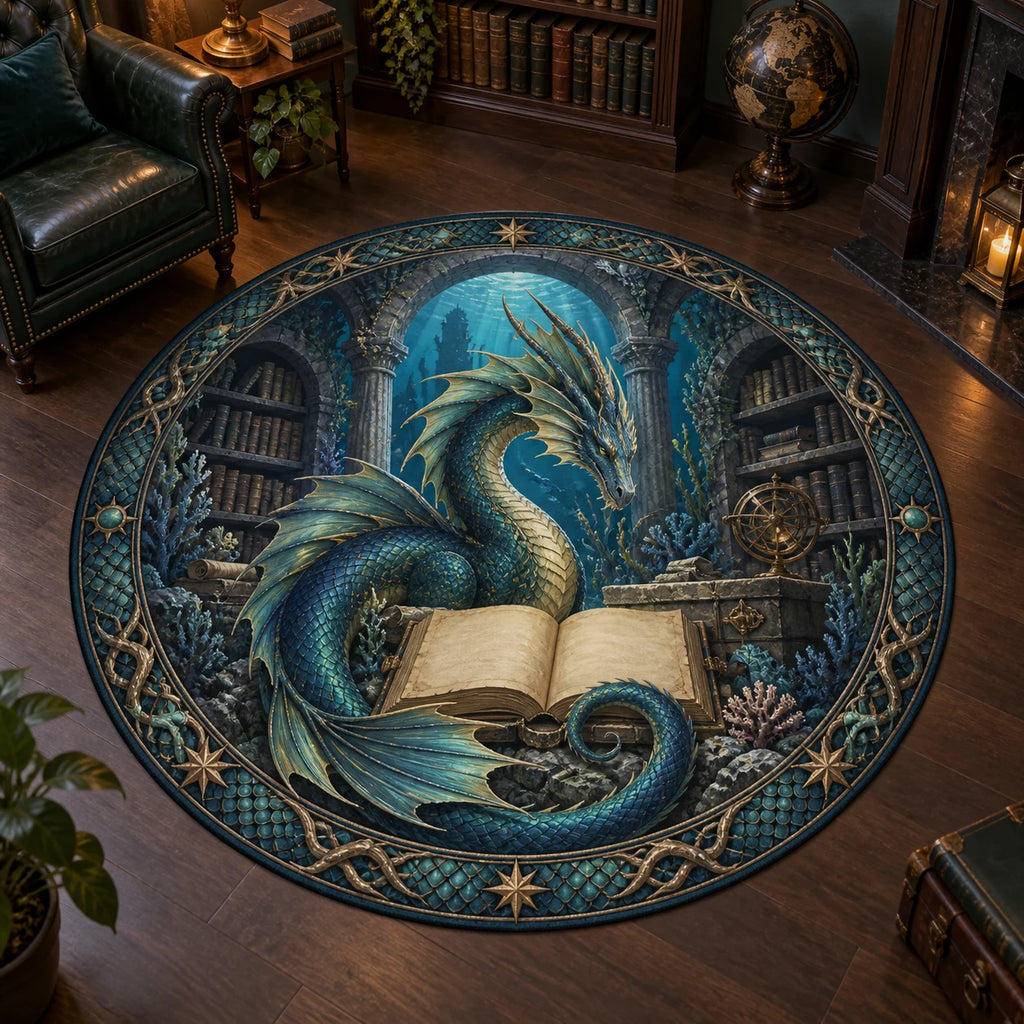 Full round outline; single blue sea dragon curls around blank book inside submerged library arch.