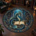 Full round outline; single blue sea dragon curls around blank book inside submerged library arch.