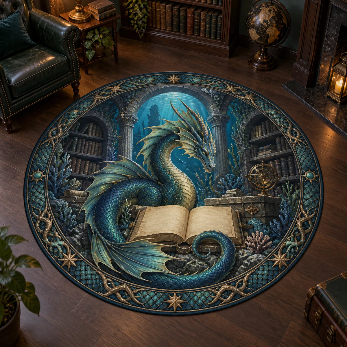 Full round outline; single blue sea dragon curls around blank book inside submerged library arch.