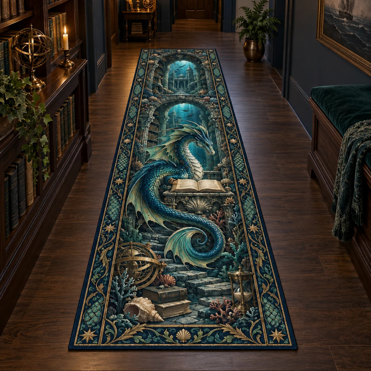 Full runner; single serpentine dragon above stone steps, coral and repeated submerged arches.