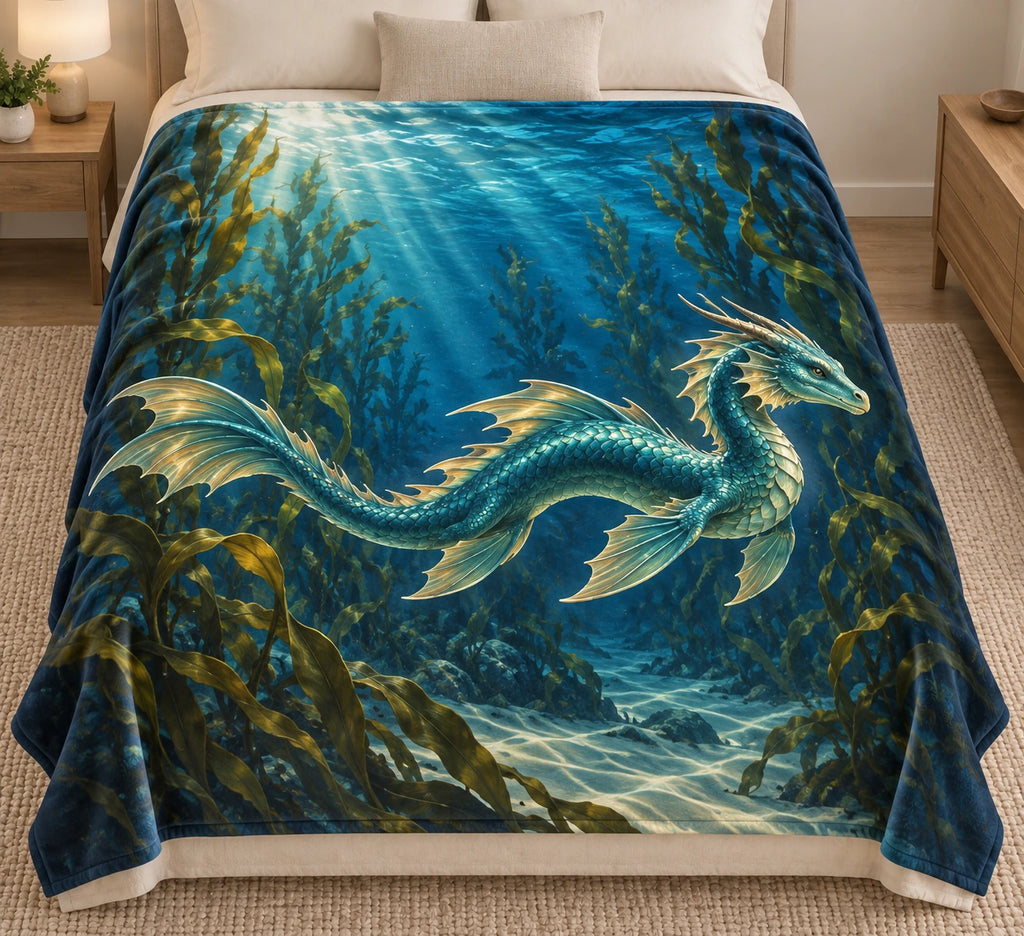 Sea Dragon Kelp Passage Fleece Throw Blanket with printed scales and underwater depth