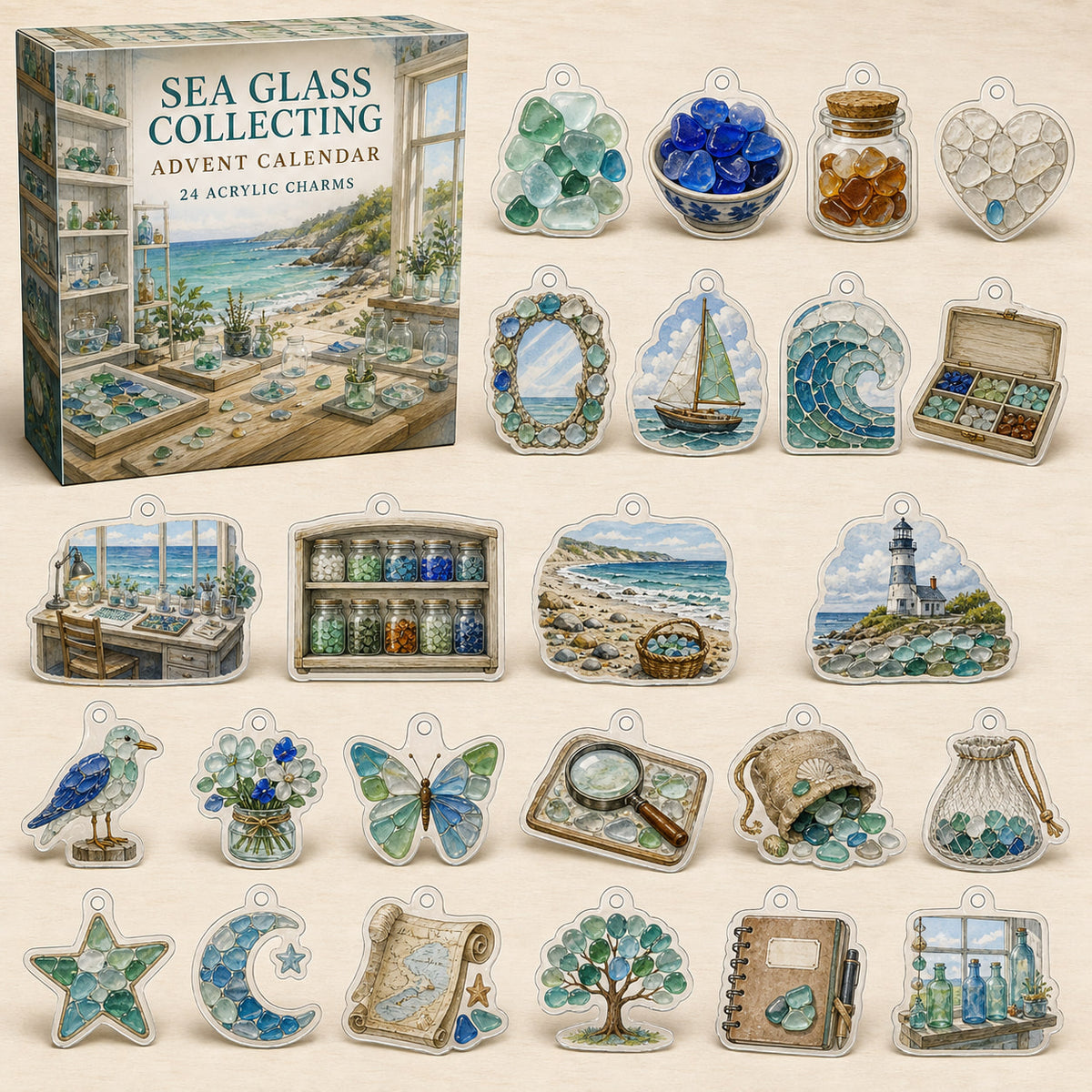 Sea Glass Collecting advent calendar box with 24 different printed acrylic charms