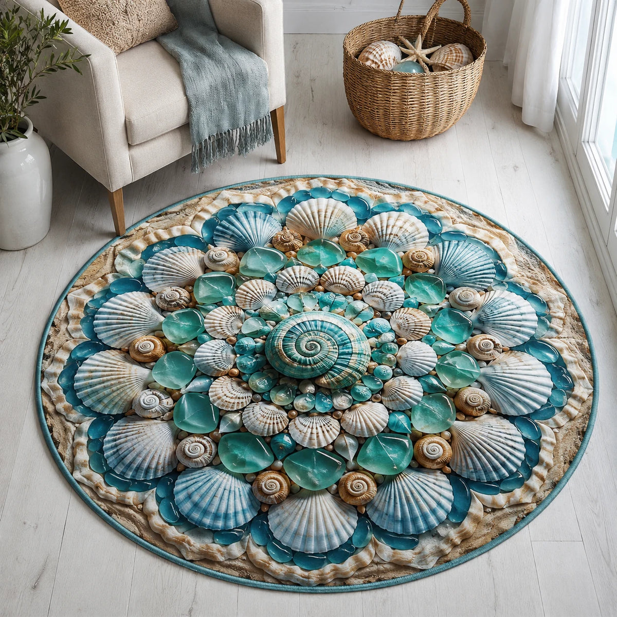 Sea Glass Shell Mandala round mat rug with a dimensional printed design in a coastal shell setting