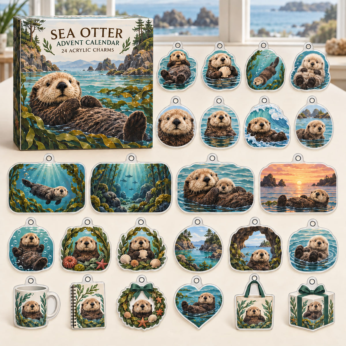 Sea Otter advent calendar box with 24 themed flat printed acrylic charms