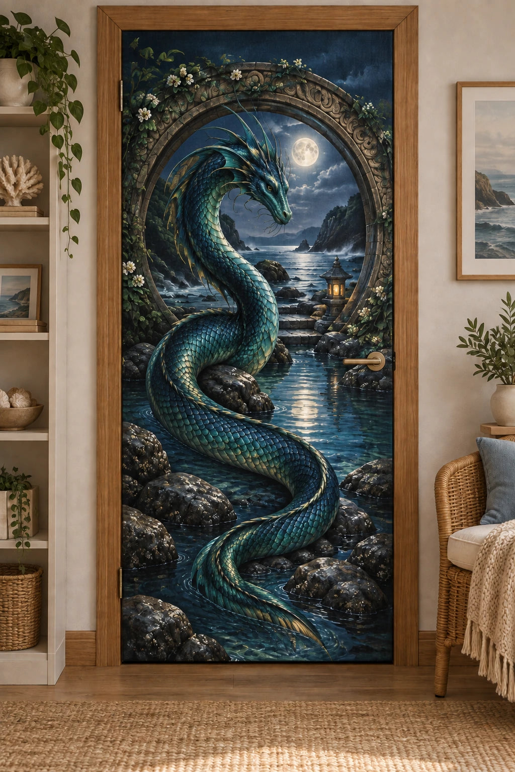 Sea Serpent Moon Gate Fabric Door Cover with flat printed sea serpent and moonlit coast depth
