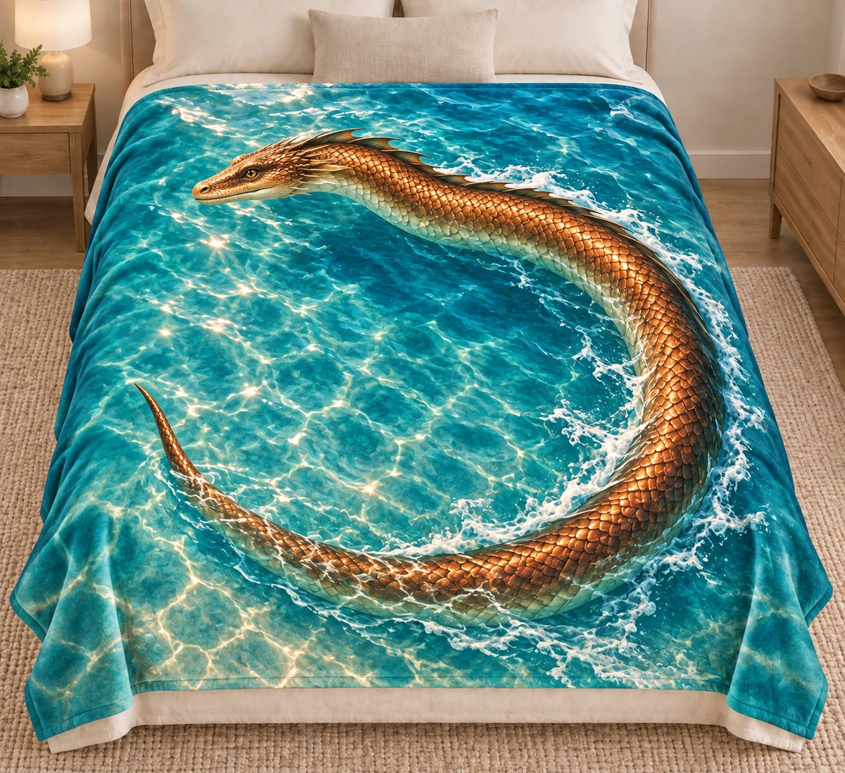 Sea Serpent Copper Tide Fleece Throw Blanket with printed coiling scales and foamy water depth