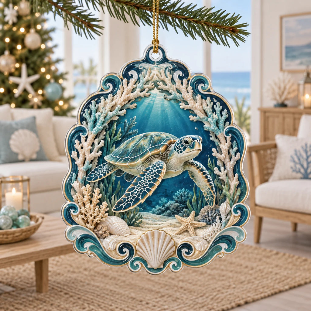 Sea Turtle Coral Arch Christmas Ornament with dimensional printed details and a matching nature-inspired border