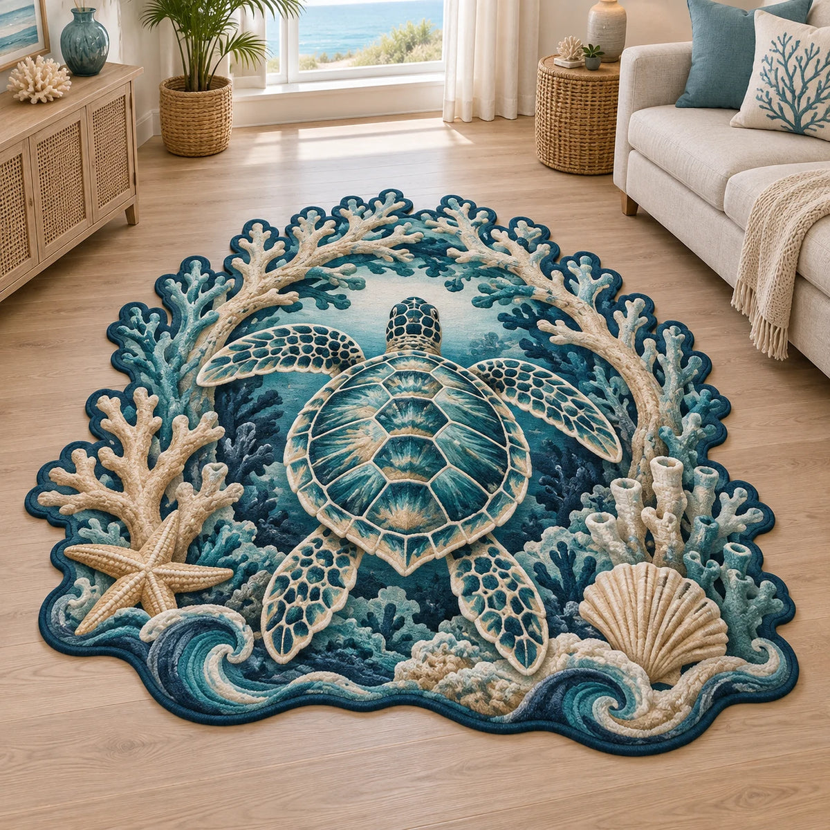 Sea Turtle Coral Arch Custom Shape Area Rug with dimensional printed details and a matching nature-inspired border