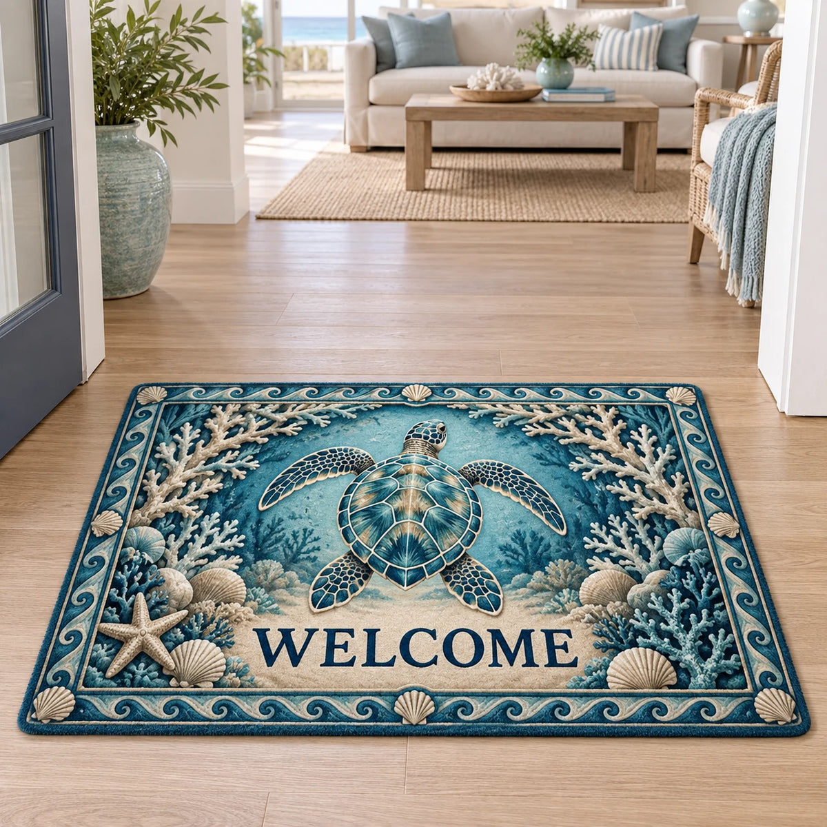 Sea Turtle Coral Arch Doormat with dimensional printed details and a matching nature-inspired border