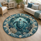 Sea Turtle Coral Arch Round Mat Rug with dimensional printed details and a coordinated nature border