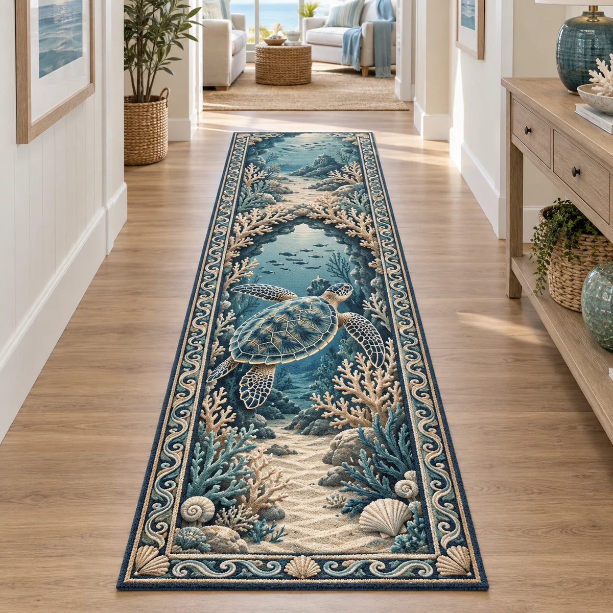 Sea Turtle Coral Arch Runner Rug with dimensional printed details and a matching nature-inspired border