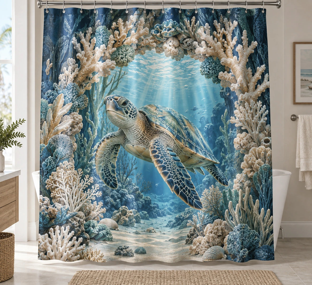 Sea Turtle Coral Arch Shower Curtain with printed dimensional artwork