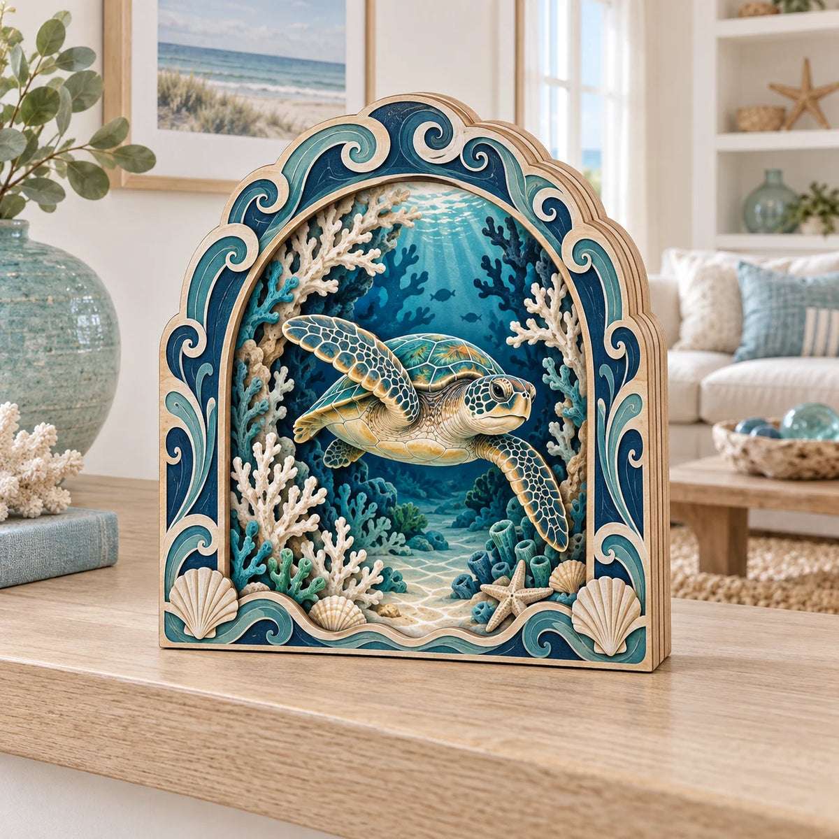 Sea Turtle Coral Arch Wooden Block 3 Layer with dimensional printed details and a matching nature-inspired border