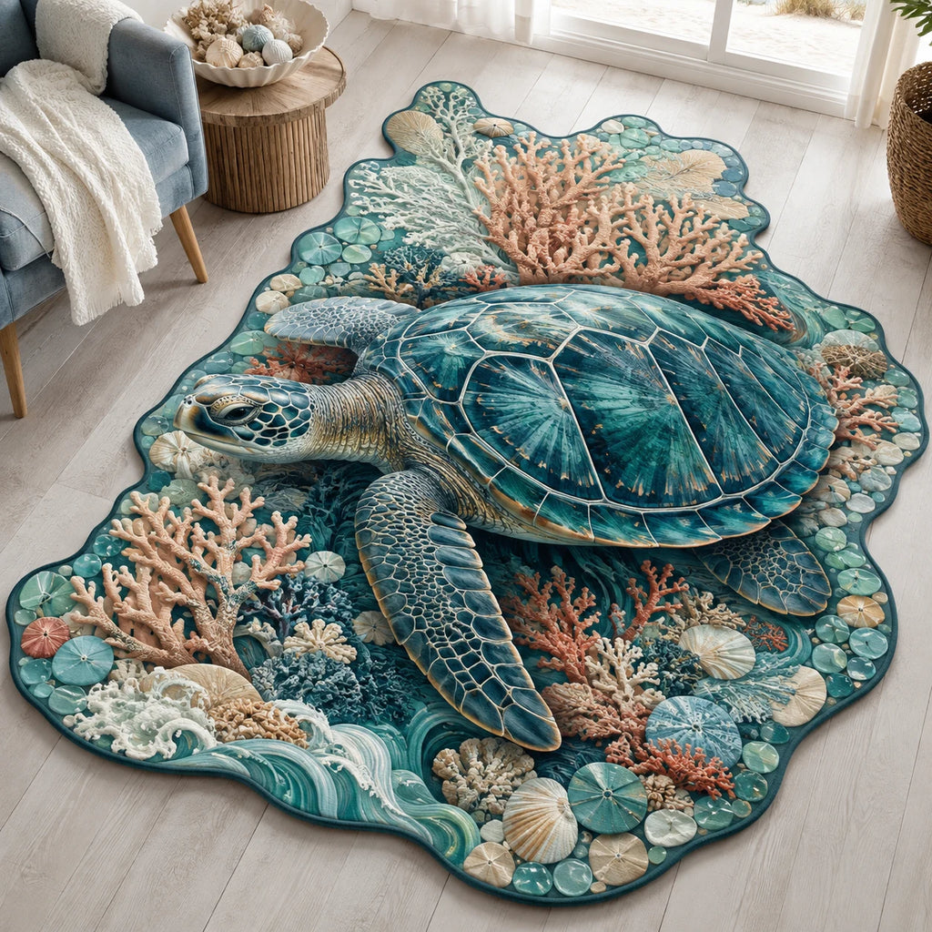 Sea Turtle Coral Silhouette custom shape area rug with a dimensional printed design in a turtle coastal setting