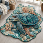 Sea Turtle Coral Silhouette custom shape area rug with a dimensional printed design in a turtle coastal setting