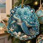 Sea Turtle Holiday Reef christmas ornament with a dimensional printed design in a sea turtle christmas setting