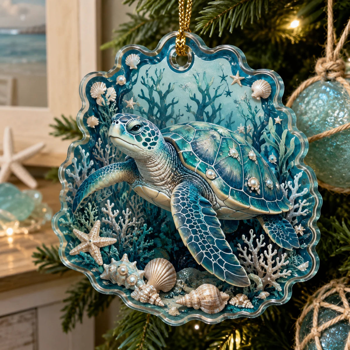 Sea Turtle Holiday Reef christmas ornament with a dimensional printed design in a sea turtle christmas setting