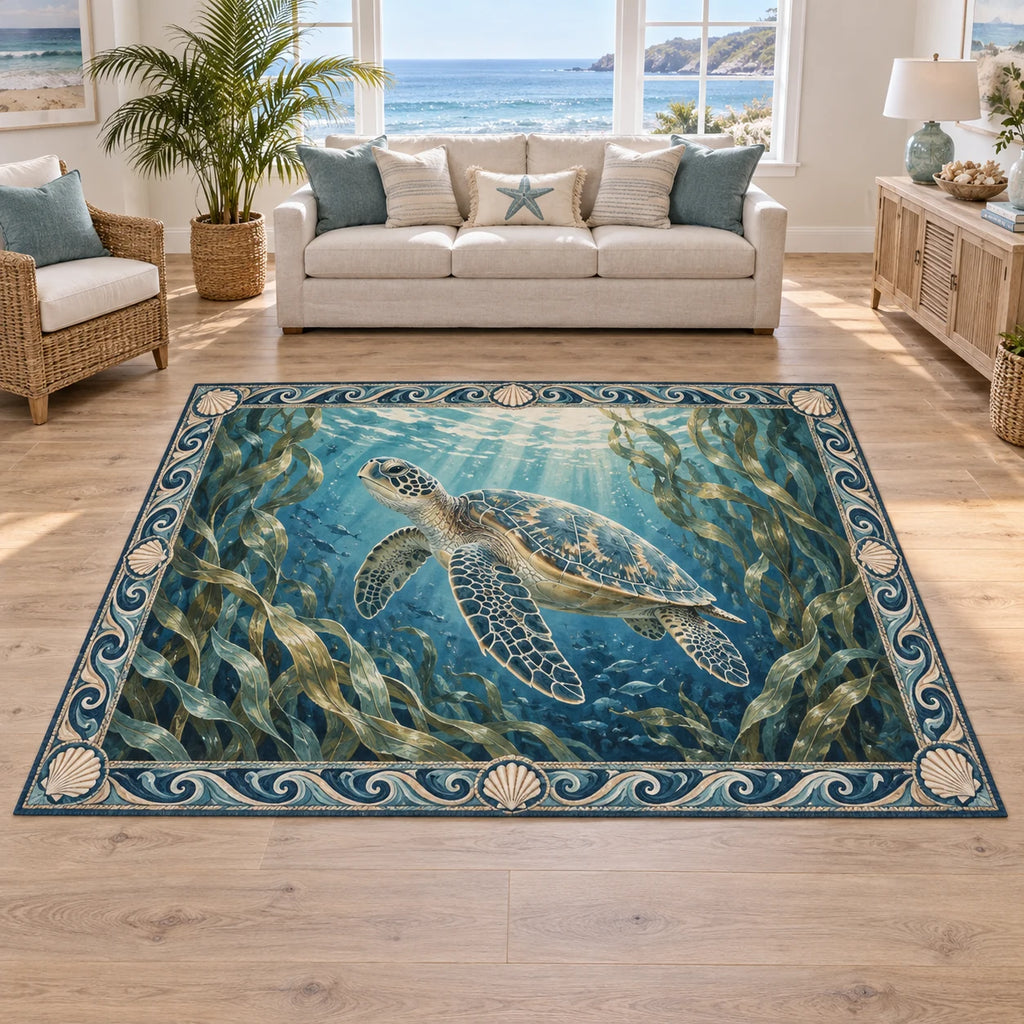 Sea turtle area rug with waving kelp, small fish and a blue wave-and-shell border