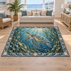 Sea turtle area rug with waving kelp, small fish and a blue wave-and-shell border