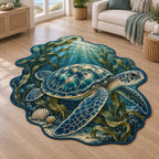 Sea Turtle Kelp Garden Shaped Rug with dimensional printed artwork in a coordinated indoor setting