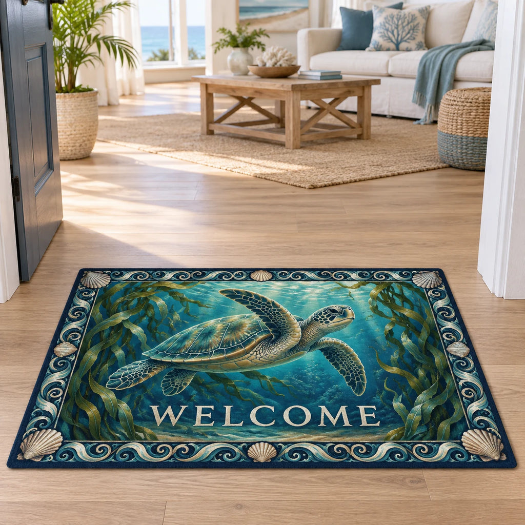 Sea Turtle Kelp Garden Doormat with dimensional printed artwork in a coordinated indoor setting