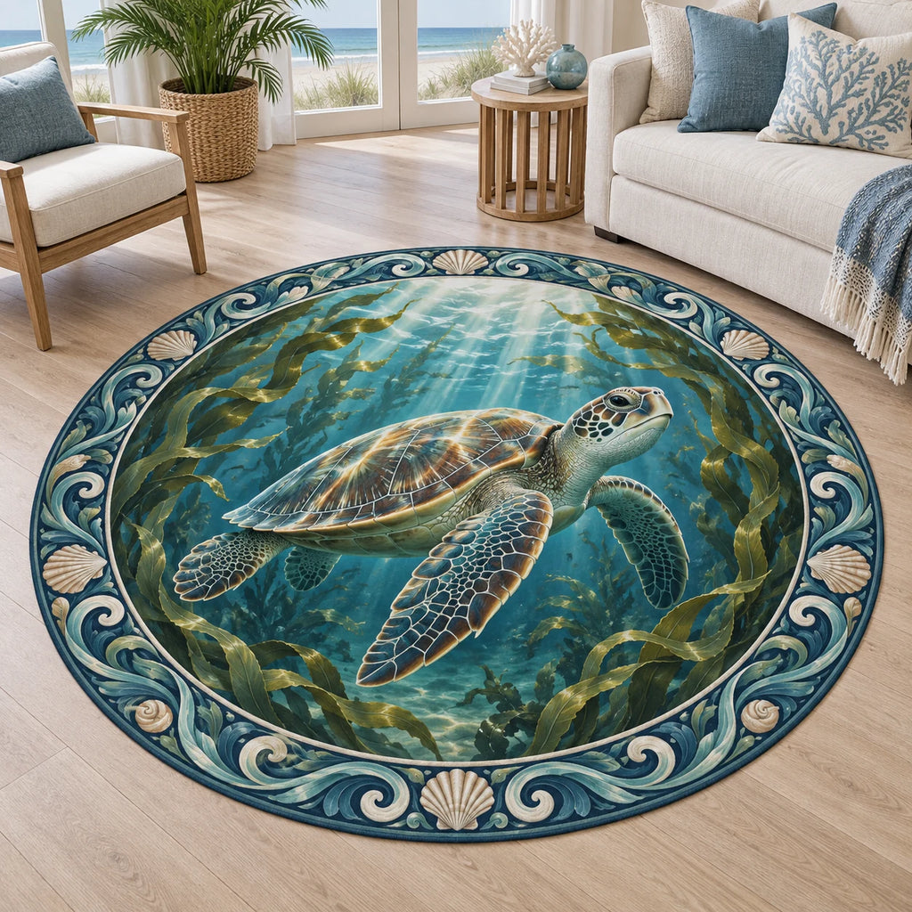 Round mat rug featuring a sea turtle in sunlit kelp with a blue wave-and-shell border