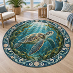 Round mat rug featuring a sea turtle in sunlit kelp with a blue wave-and-shell border