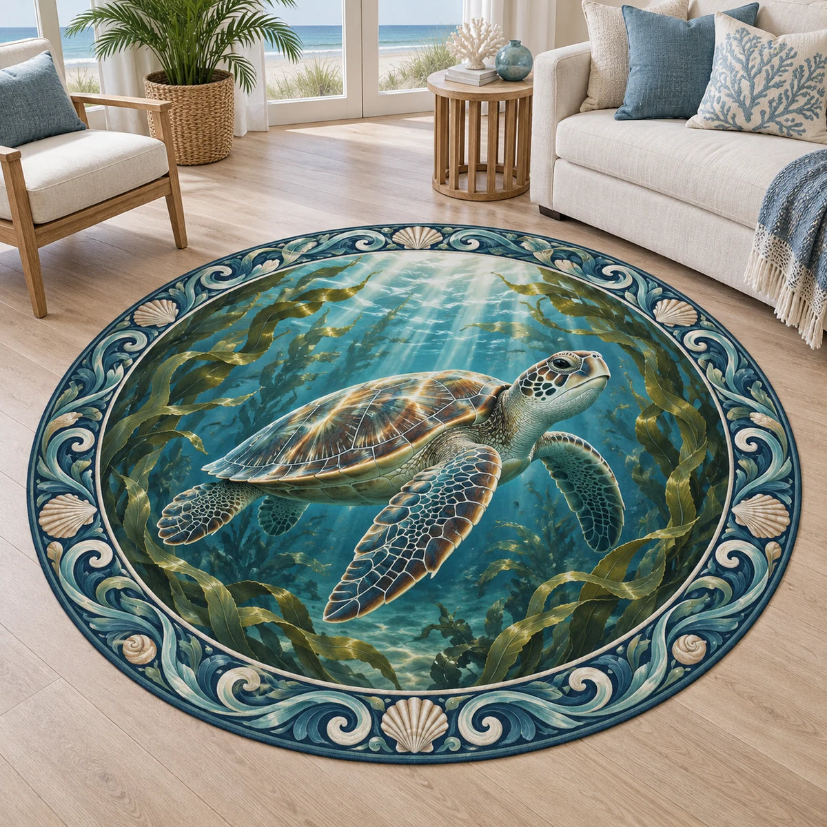 Round mat rug featuring a sea turtle in sunlit kelp with a blue wave-and-shell border