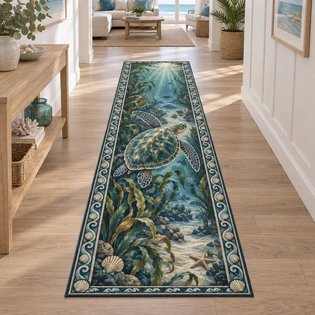 Sea Turtle Kelp Garden Runner Rug with dimensional printed artwork in a coordinated indoor setting
